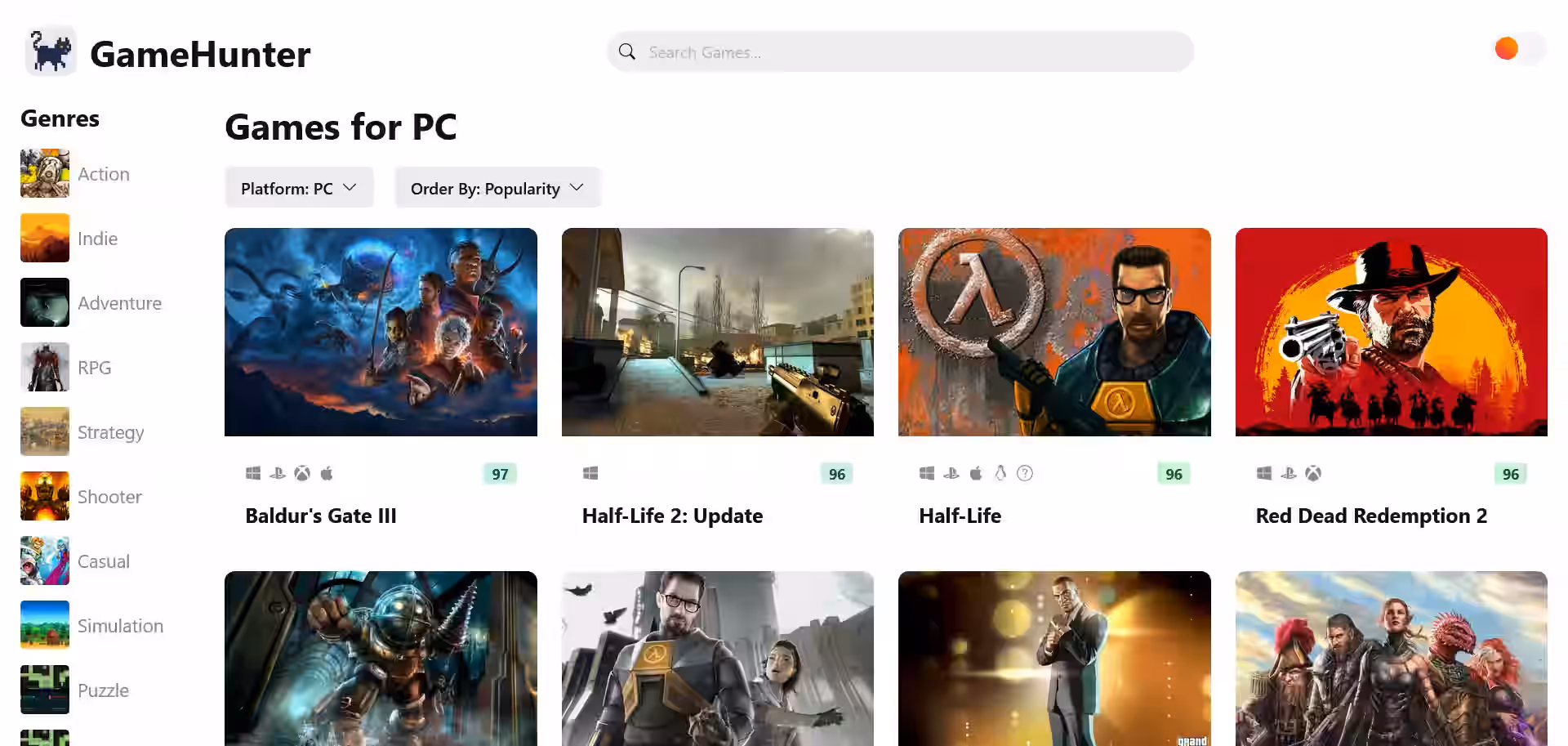 Game Hunter Game Catalog Interface
